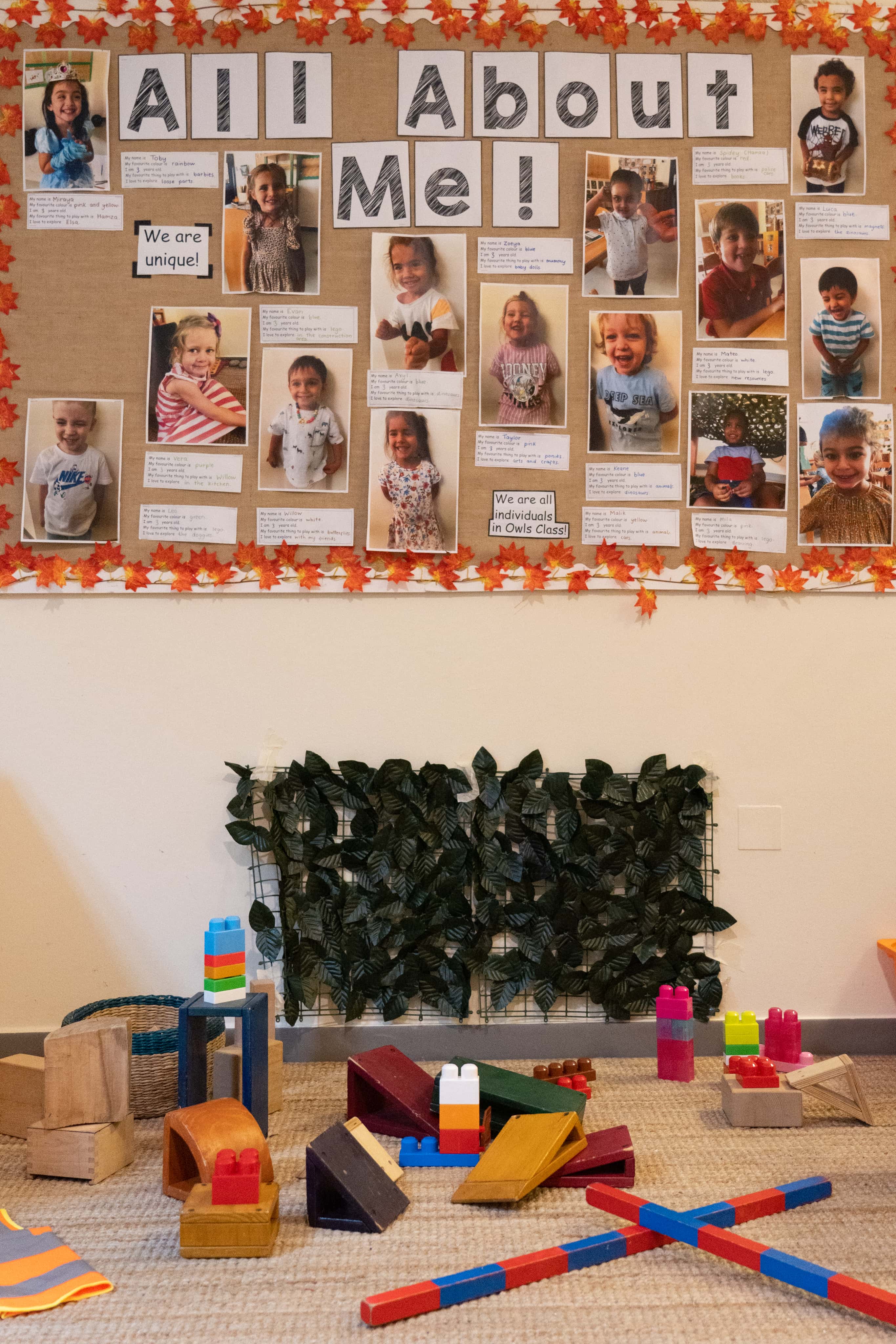 Indoor play area with leaves